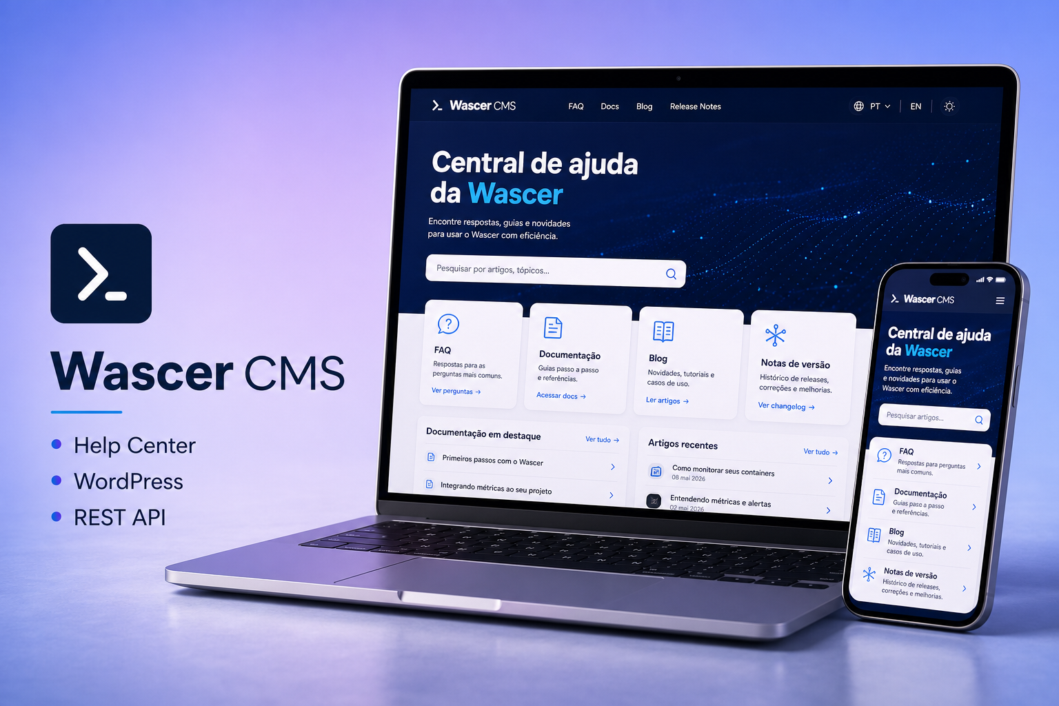 Preview do projeto Wascer CMS, central de ajuda com FAQ, documentação e blog